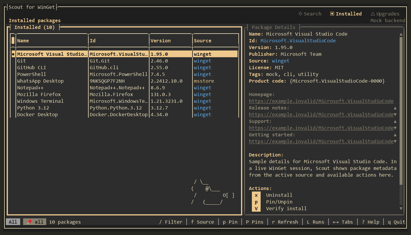 Scout for WinGet Installed view in the Amber theme, with a package list and details panel using sample data