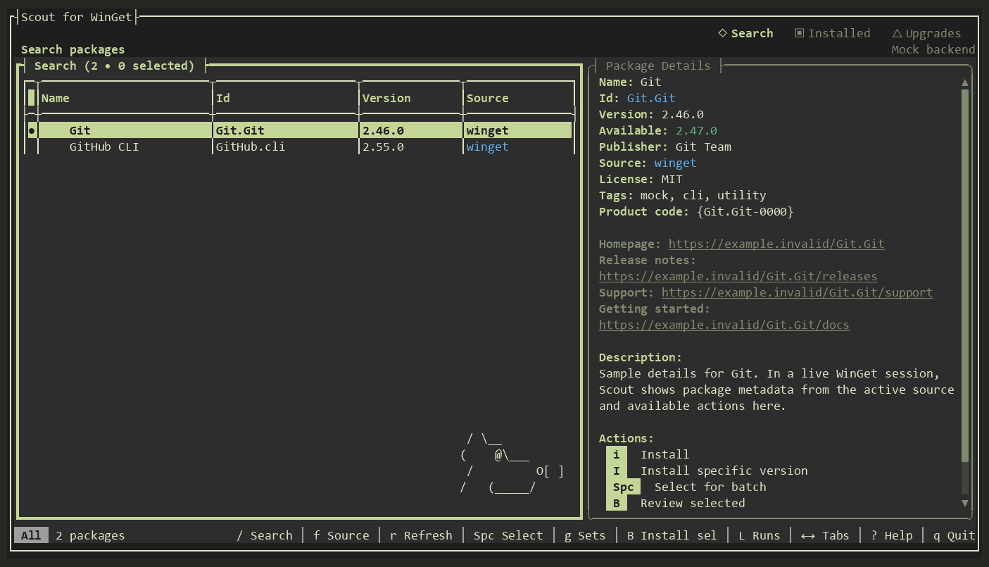 Scout search results beside Git package details in the Sage theme using sample data